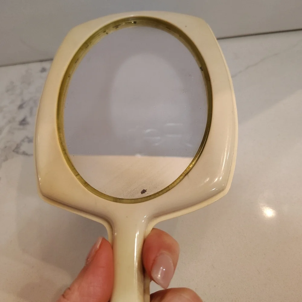 Vintage Bakelite Celluloid Art Deco Style Vanity Hand Mirror Ivory 12.75
